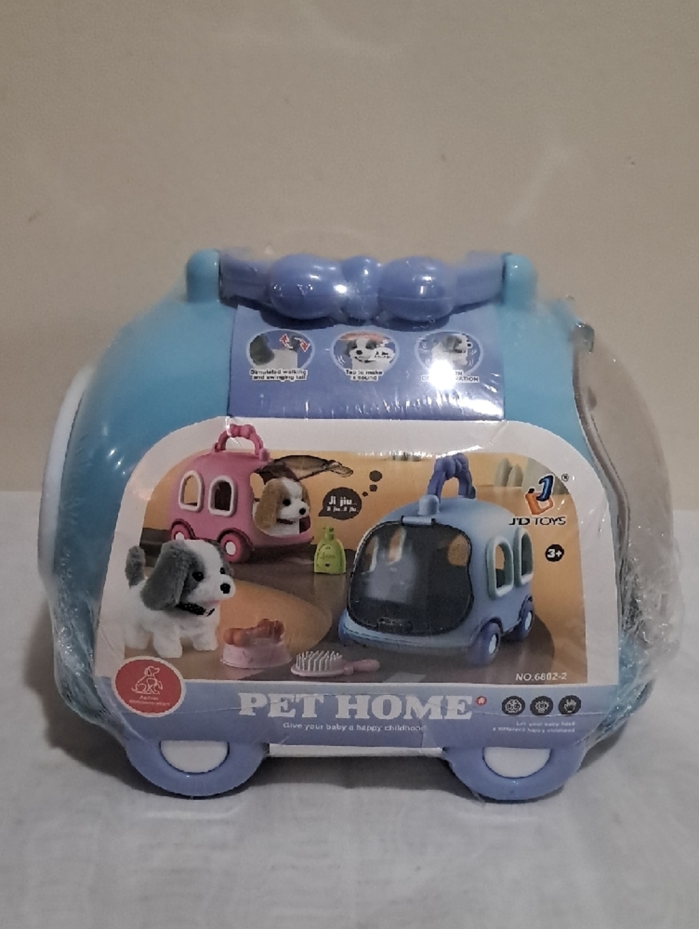 Plush White Puppy in Light Blue Dome Carrier